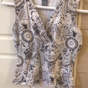 Brown/tan/white sleeveless top with empire waist.